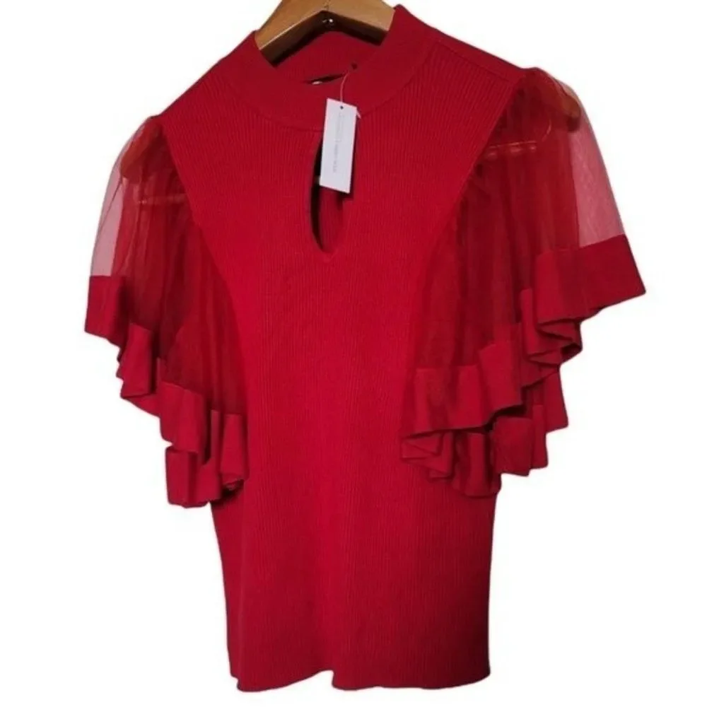 New York & Company red ribbed with butterfly sleeves high neck - Picture 4 of 13
